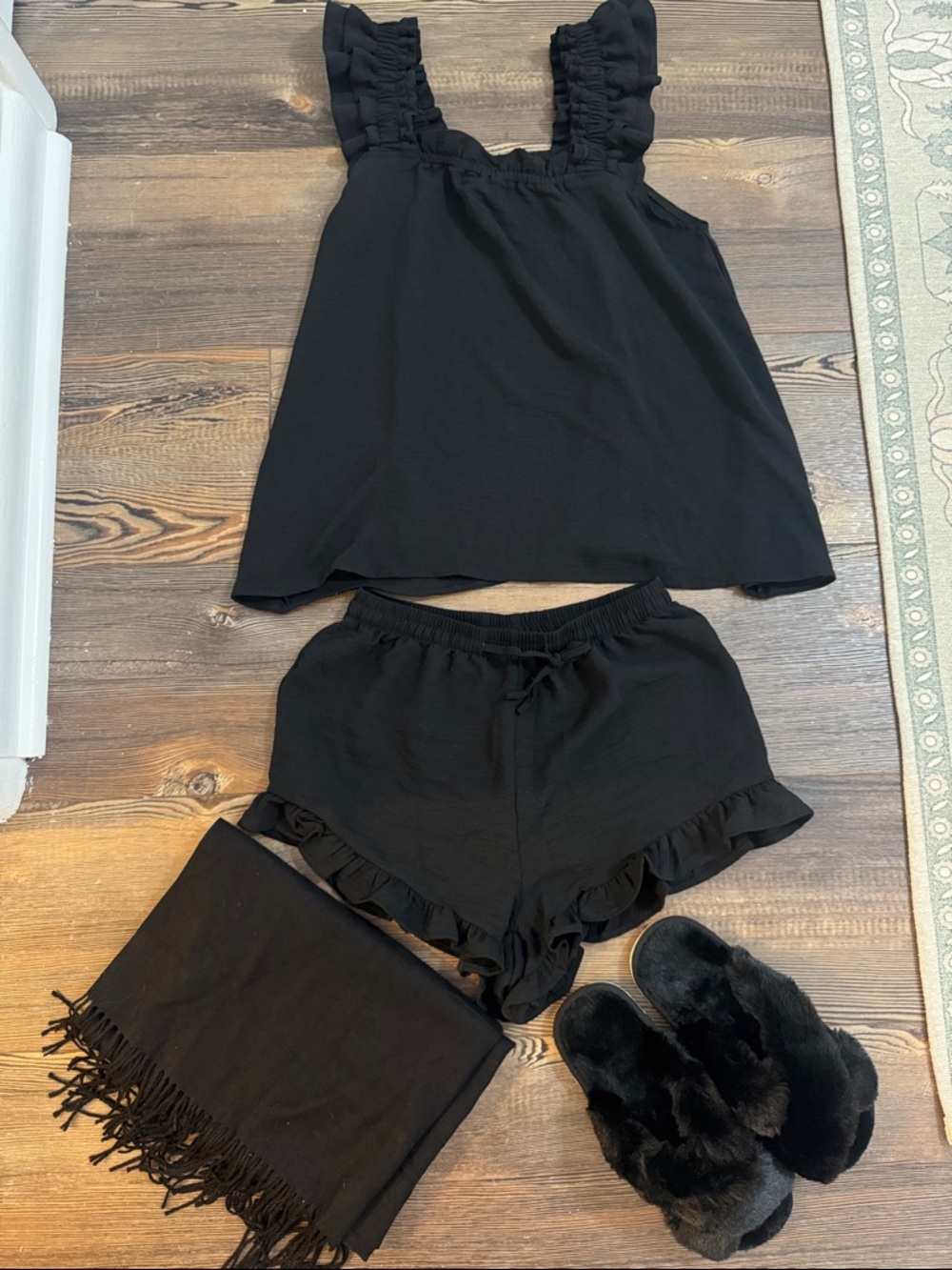 Black PJ tank & Shorts Set with Cozy Slippers and shawl. Perfect for bridesmaid
